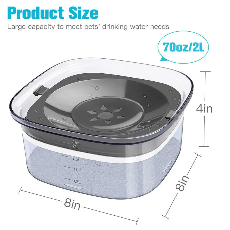 Clear plastic dog water bowl showing water level, with a white floating disc inside on a non-slip base.