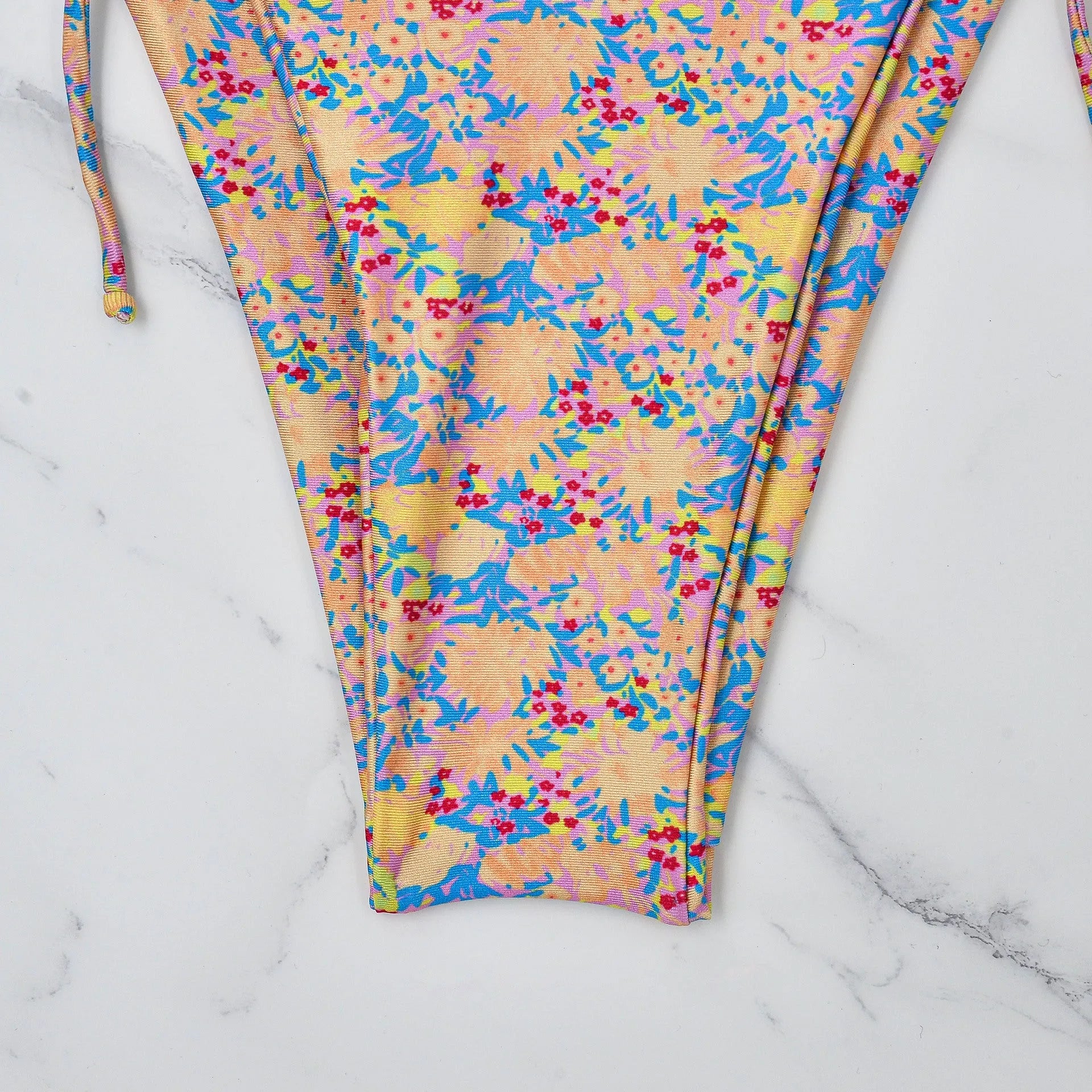 A picture colour lace-up bikini swimsuit with a backless, European and American split design.