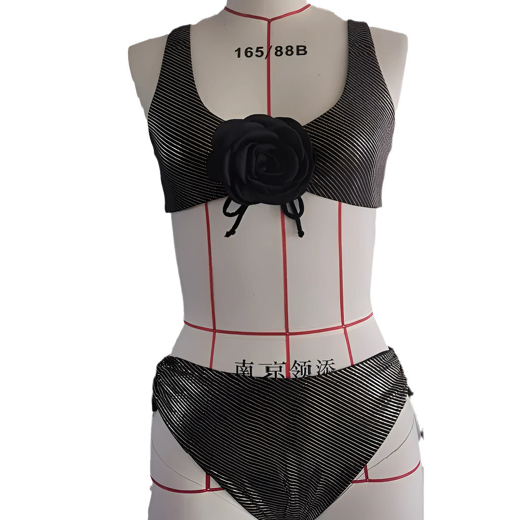 Black polyester triangle bikini swimsuit for women with sleeveless 3D stereo design