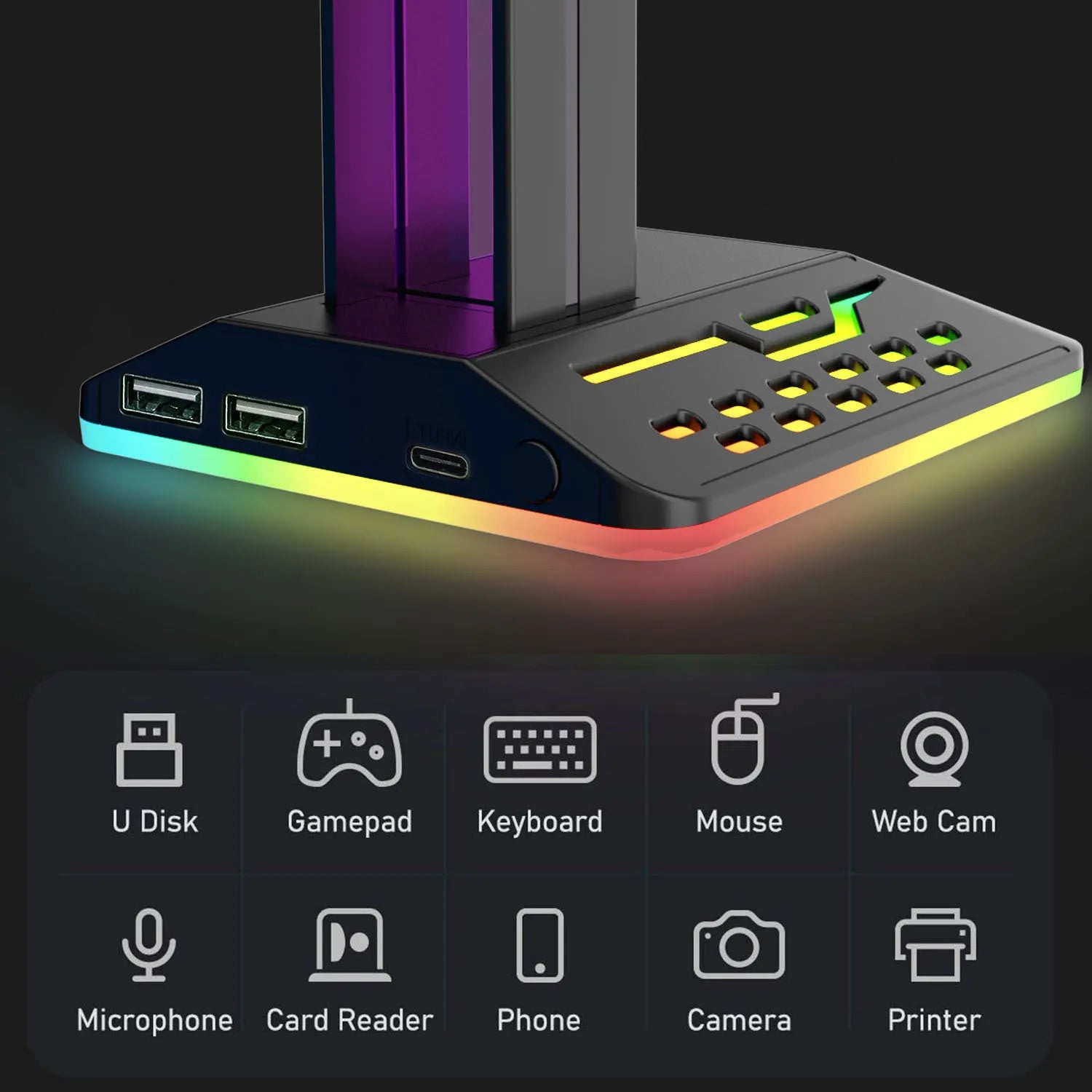 RGB colour changing headset display bracket with dual USB ports and 1.5 metre cable