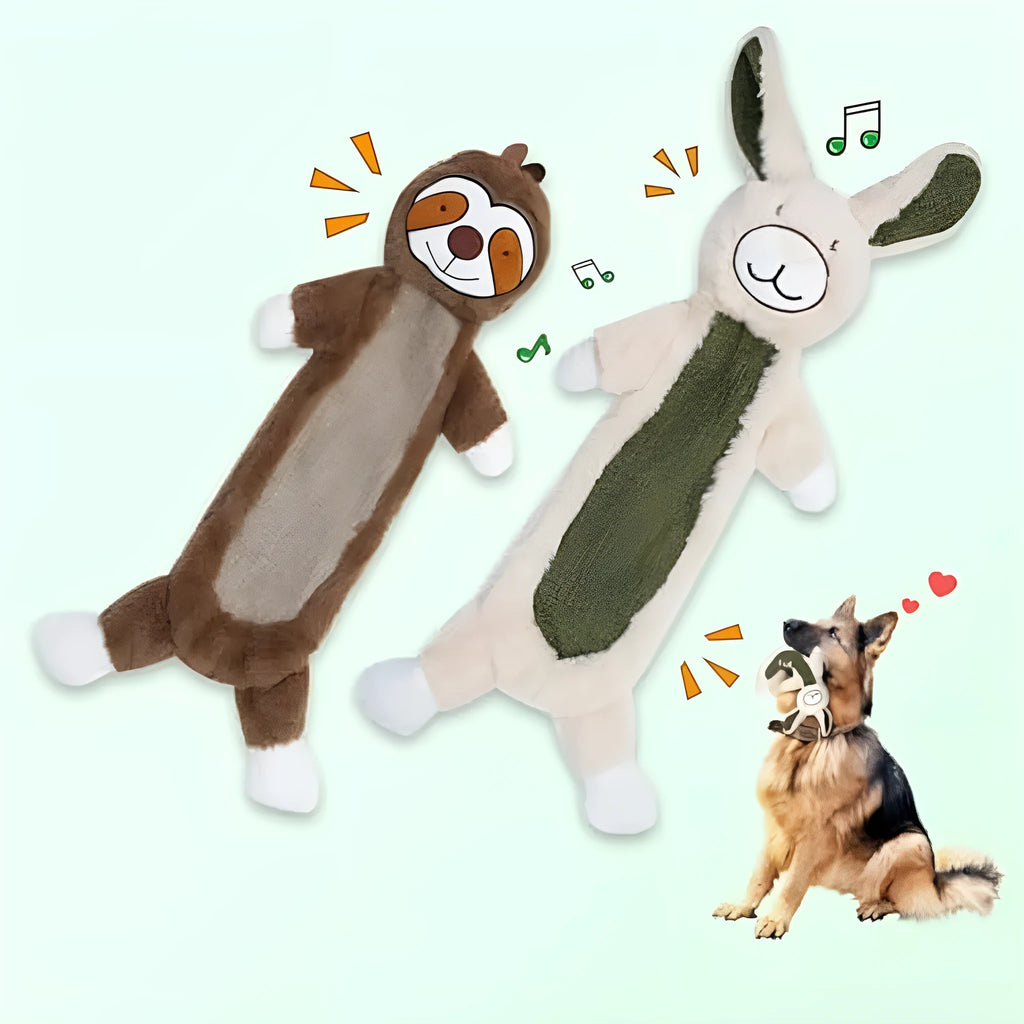 No stuffing plush dog toy with crinkle paper inside featuring rabbit and sloth character designs