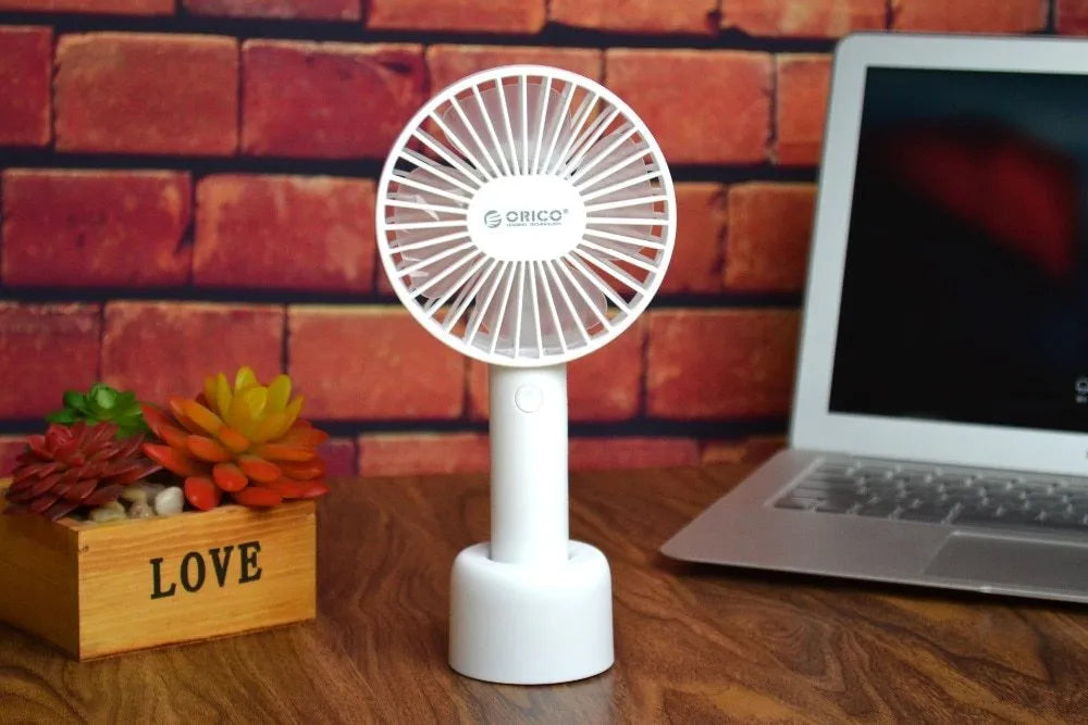 ORICO FH1 white portable USB rechargeable fan with fine lines texture, compact design for desktop use
