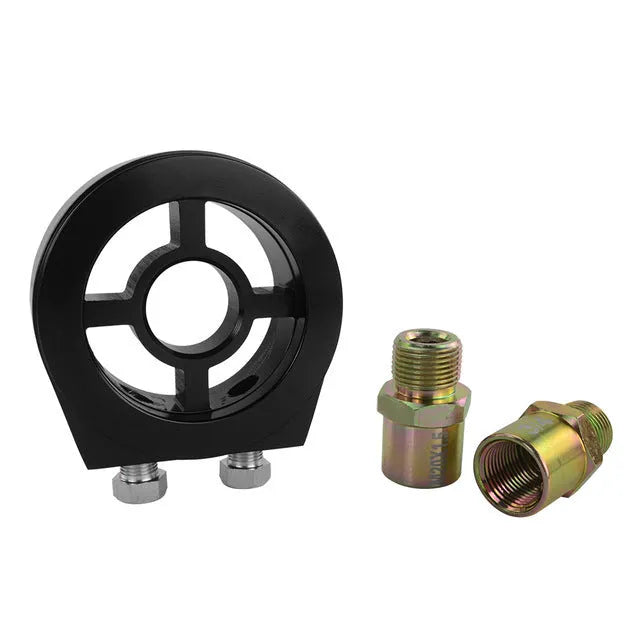 Universal aluminium oil pressure gauge adapter shown in red, blue, black, gold, and silver colour options.