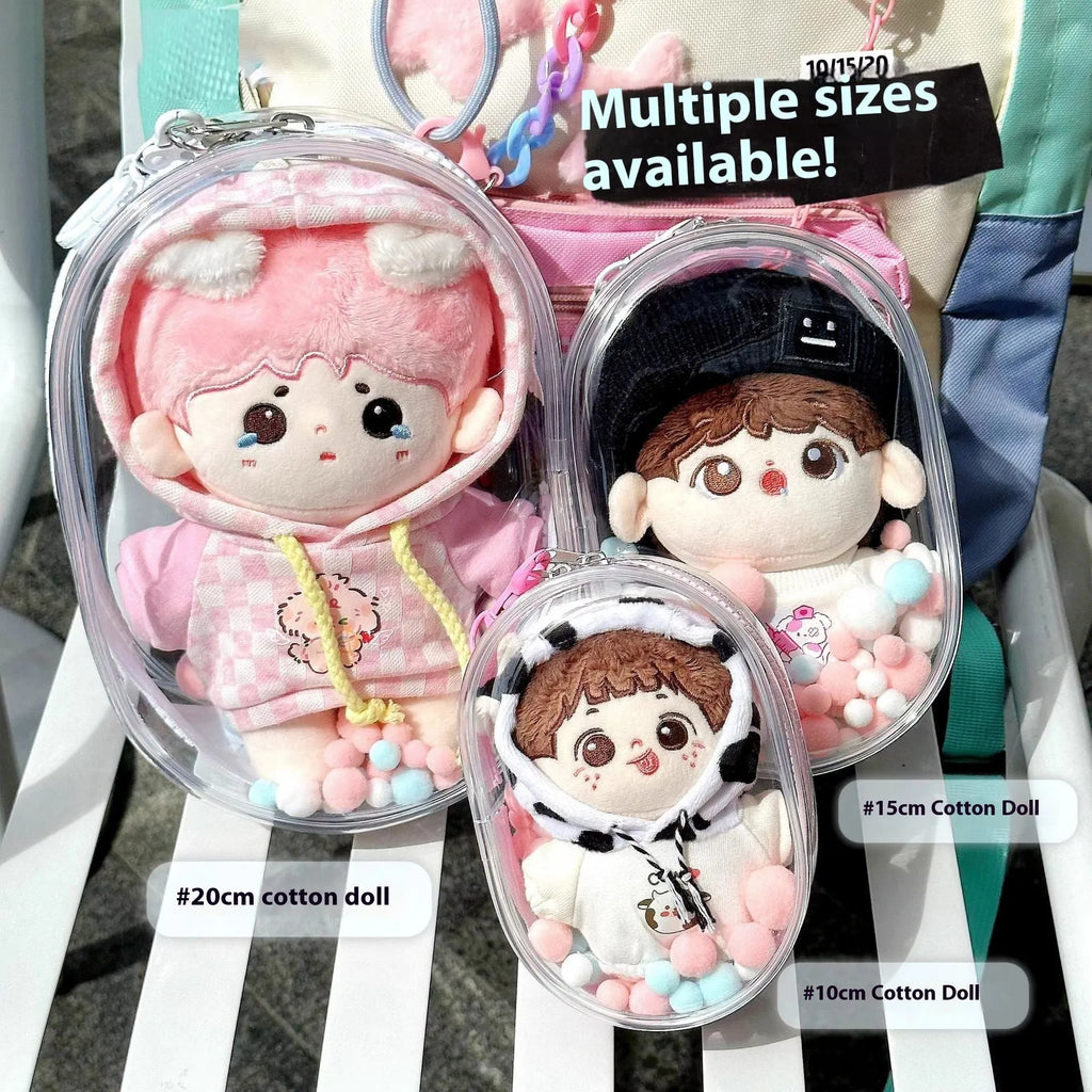 Transparent PVC cube storage bag with keychain in avocado green colour, 17cm size, containing postcards