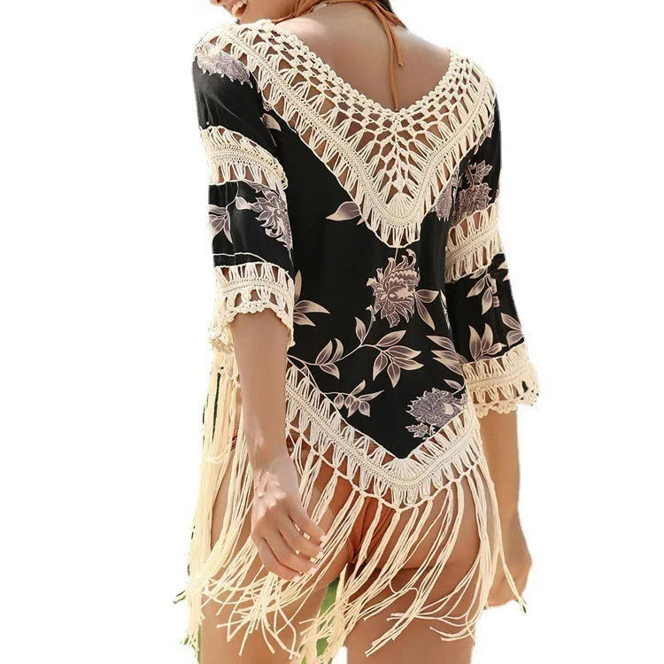 Women's apricot sun protection blouse with V-neck, hollow-out sleeves, and loose fit for beach activities