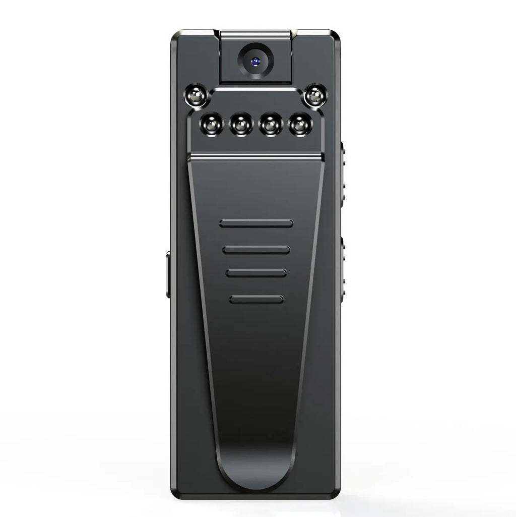 Black 1080p HD DV home camera with 90-degree rotation, night vision, and TF card slot for home security.