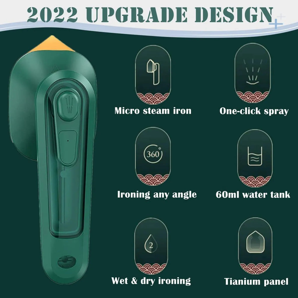 Dark green handheld garment ironing machine with titanium panel and steam function