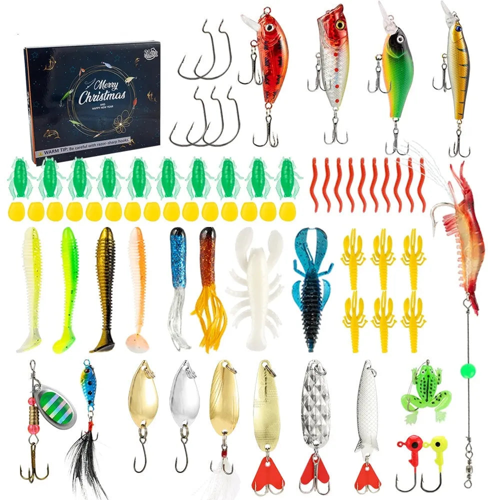 24-piece metal fishing set with Christmas Mino Bog design in blind box packaging