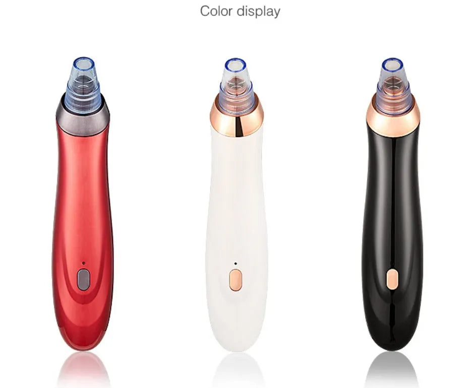 Handheld electric blackhead remover tool with multiple nozzle attachments on a white background.