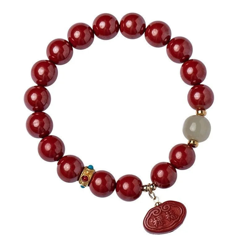 Cinnabar bracelet with Emperor Sandstone style and Ping An Fu Lu design in 8mm or 10mm bead size
