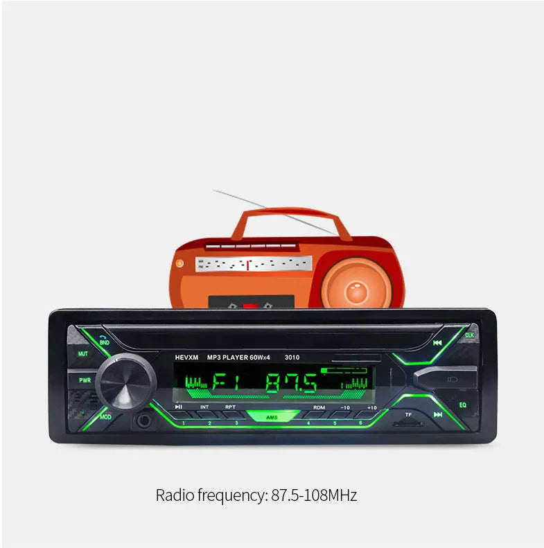 Car radio MP3 player with Bluetooth, FM radio, USB/TF slots, LCD display, and front panel controls