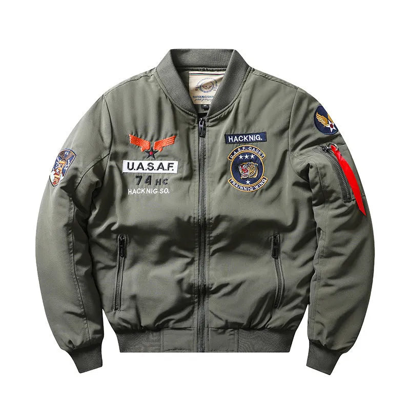 Slim-fit stand collar motorcycle coat with retro embroidery detailing on chest, showing patch pockets and cotton-padded construction