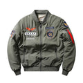 Slim-fit stand collar motorcycle coat with retro embroidery detailing on chest, showing patch pockets and cotton-padded construction