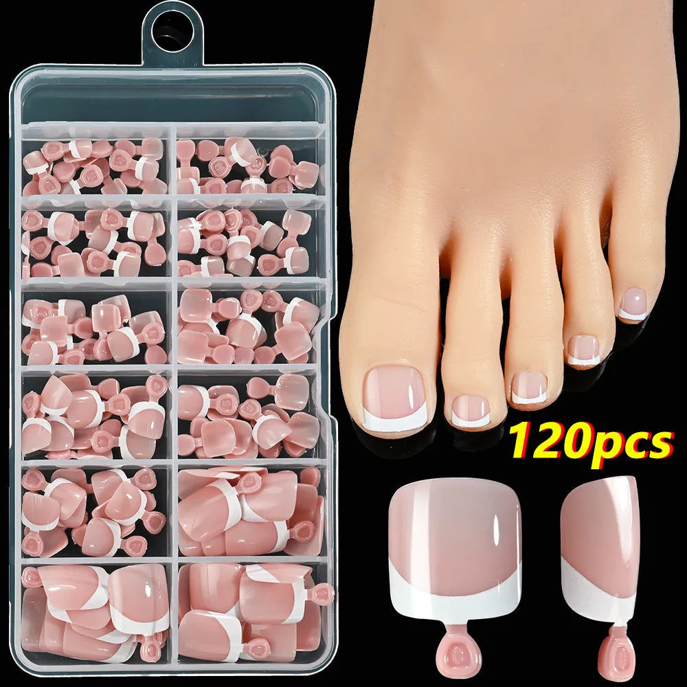 120 French white edge nude square short artificial toe nails in nine natural shades