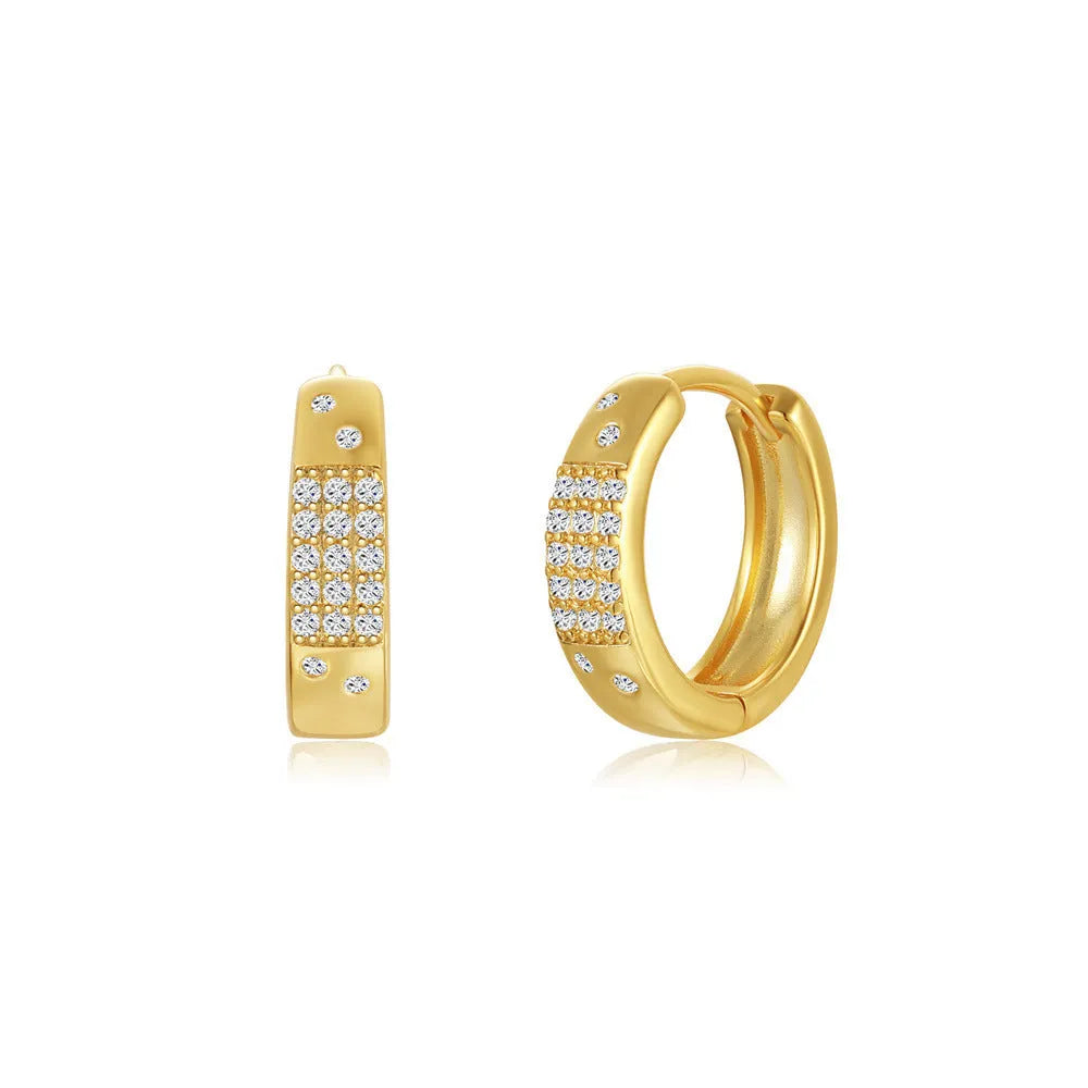 Geometric brass earclip earrings with electroplated golden finish and round elements