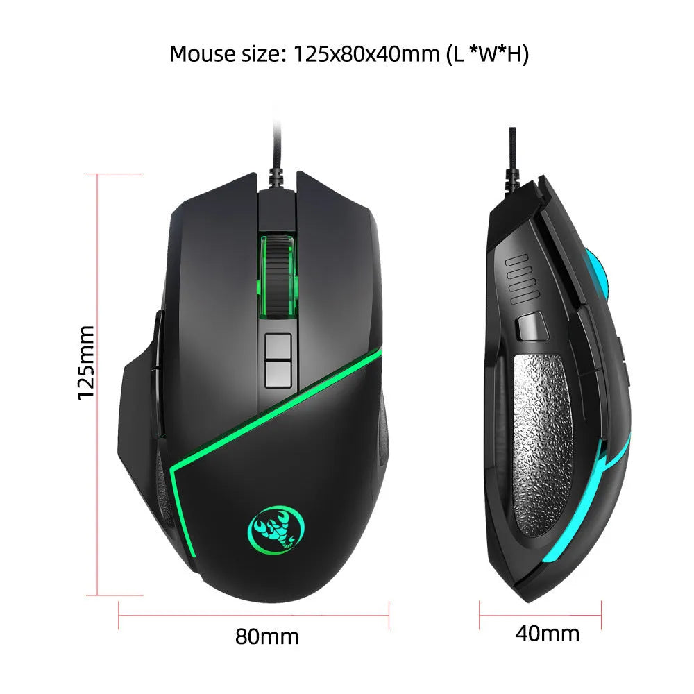 Black wired gaming mouse with 8 buttons, 6400 DPI adjustable sensor, 7-colour breathing light, and 150cm USB cable