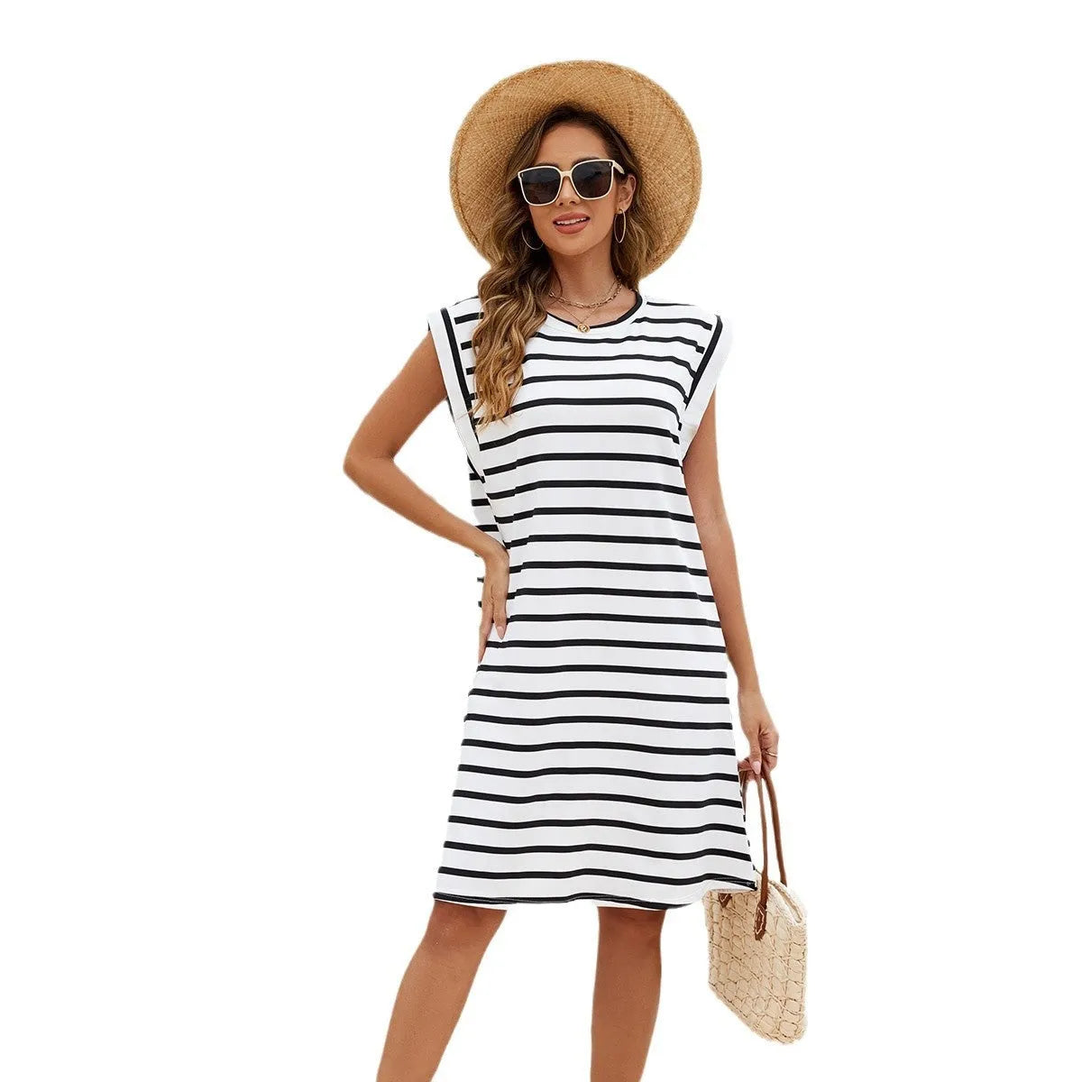Black and white striped beach cover-up blouse for women with free size fit and polyester construction