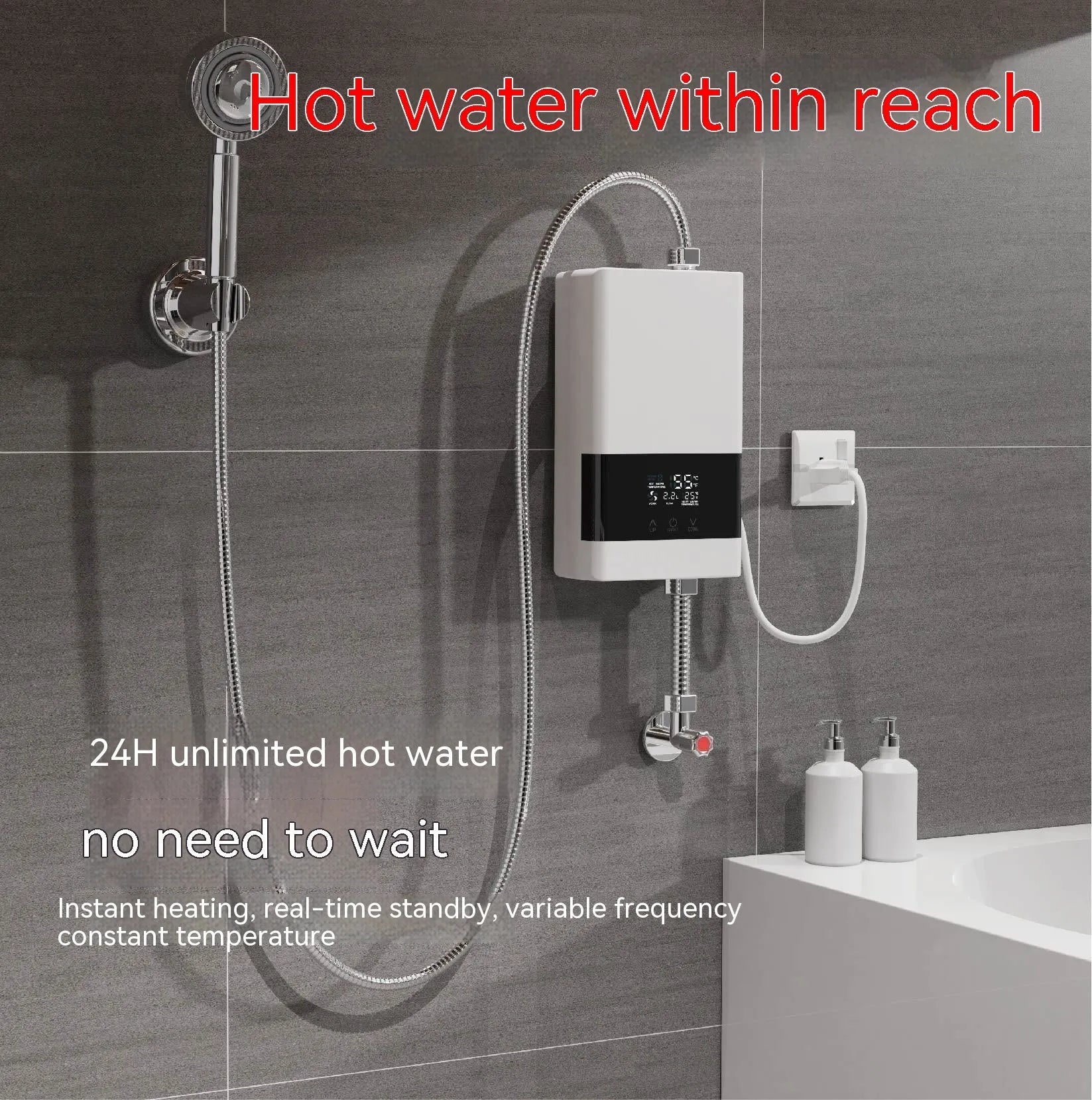 Household quick-heating water heater in gold, silver, or white with touch remote control and adjustable temperature display