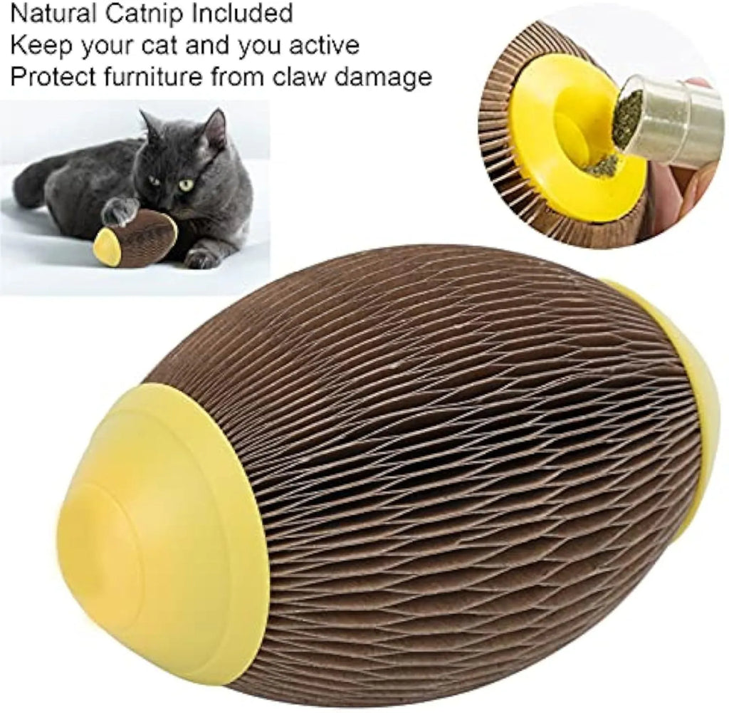 Elliptical catnip ball toy made of recycled corrugated paper, 65mm by 108mm, for scratching and play