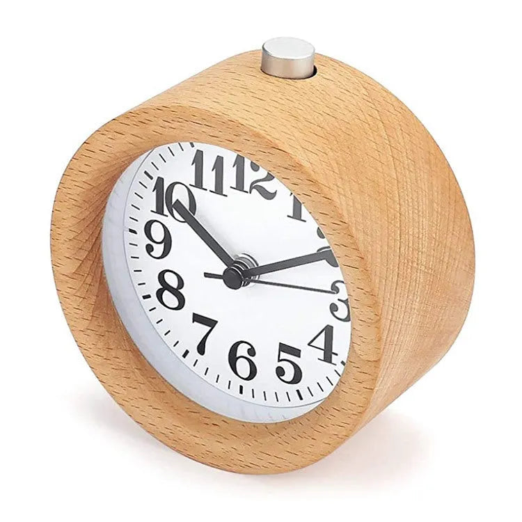 Solid beech wood circular alarm clock with silent snooze function measuring 9.5cm in diameter