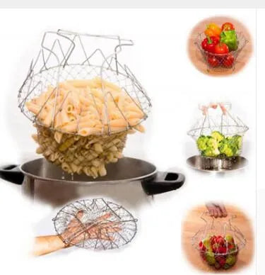 Stainless steel deep fry basket with foldable handle, showing water-permeable grid design for kitchen use