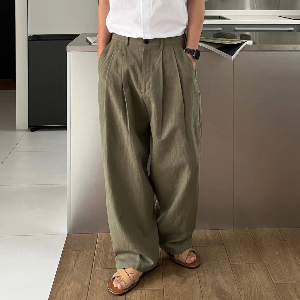 Army green men's Japanese linen trousers with drawstring waist in basic leisure style