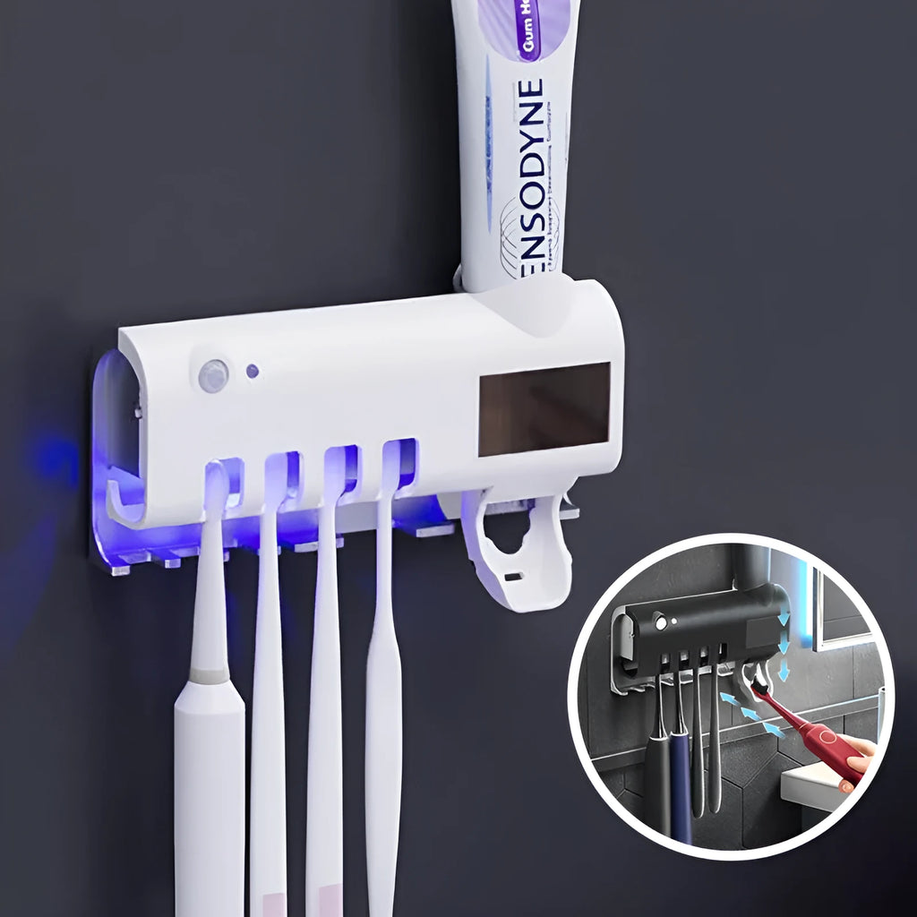 Black intelligent UV toothbrush sterilizer and automatic toothpaste squeezer mounted on bathroom wall