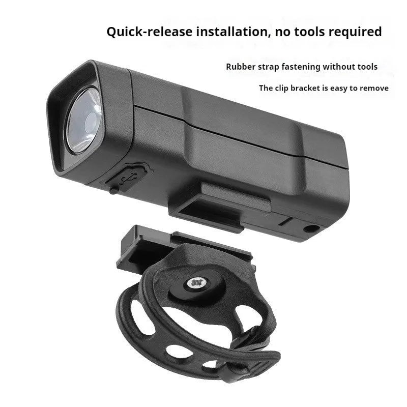 USB rechargeable bicycle headlight with quick-release strap bracket, 100 lumens brightness, and 500mAh battery