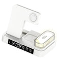 White 4-in-1 wireless charger station with foldable stand, alarm clock display, and RGB night light charging multiple devices