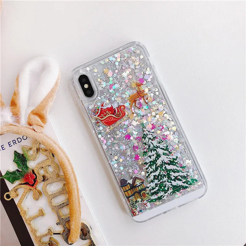Transparent Christmas quicksand iPhone case with Santa Claus snowflake design on iPhone