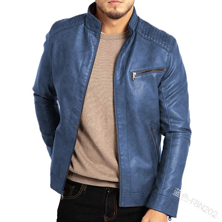 Men's artificial leather motorcycle jacket with stand collar and straight hem design in Army Green colour