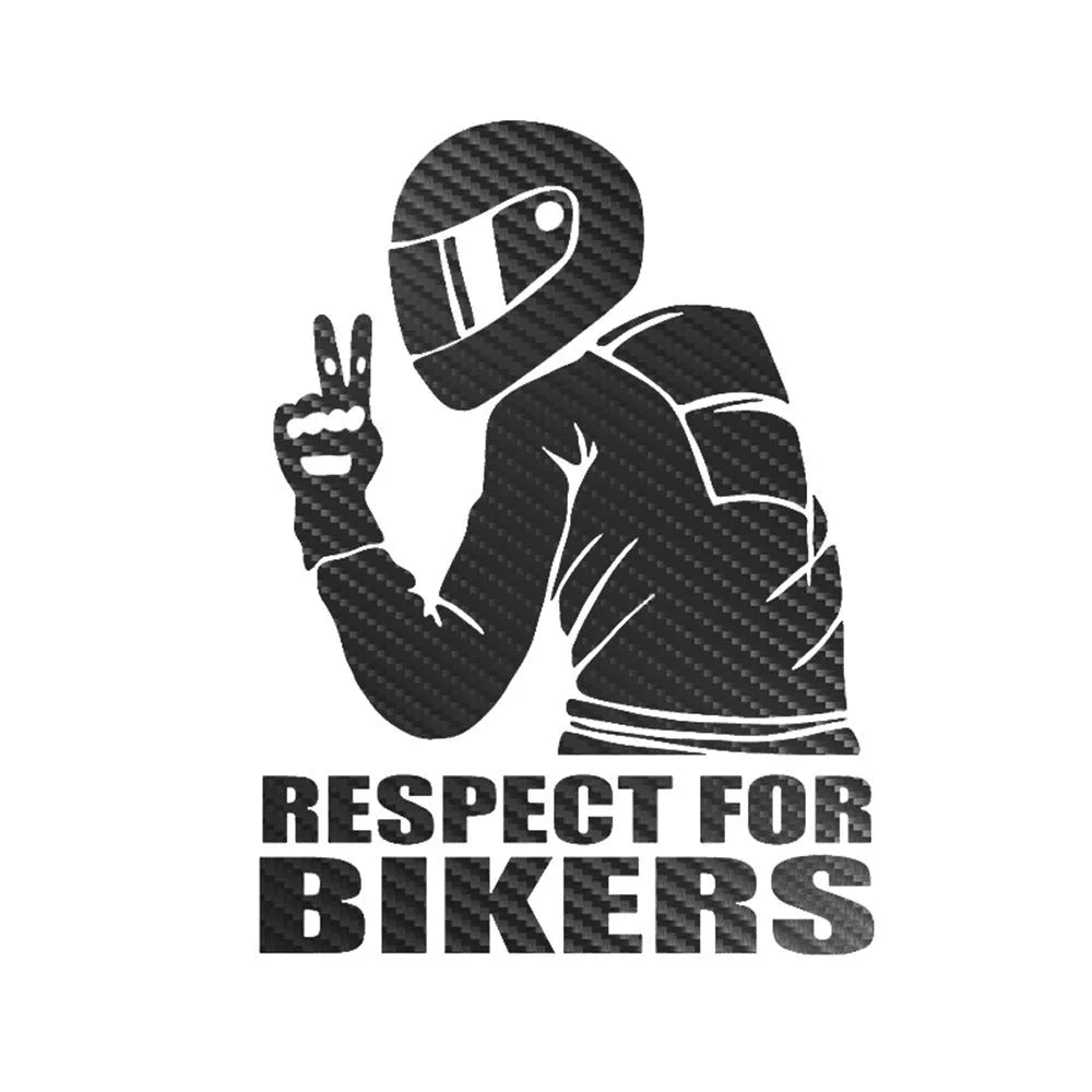 Respect for Bikers 15cm by 11cm vinyl car sticker in reflective silver colour on a vehicle window.