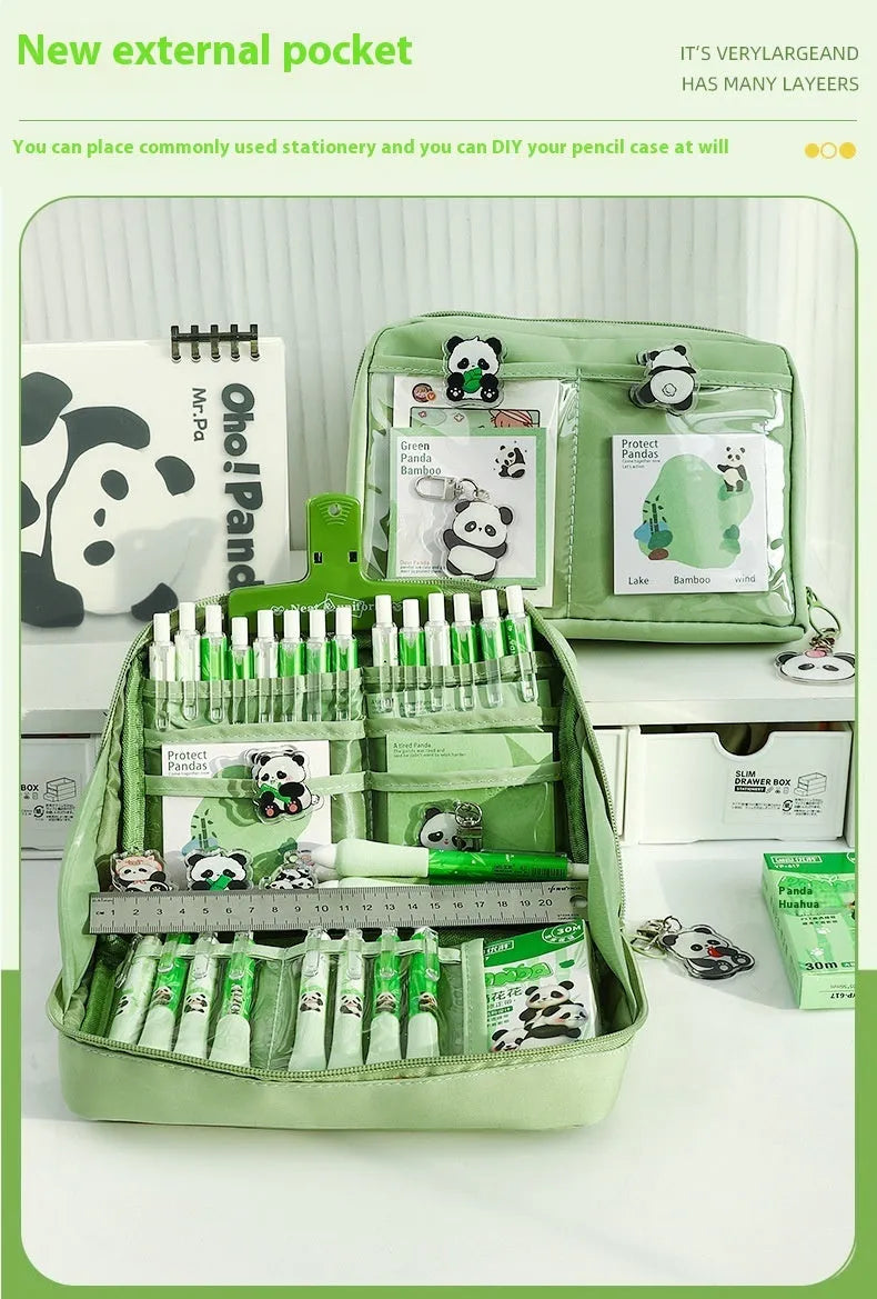 Green 12 layer panda pencil case with Korean style design and canvas construction