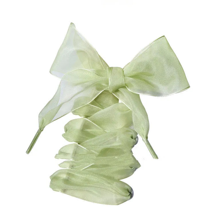 Transparent silk shoelaces showing 4cm width and 110cm length in various colour options including wine red and grass green