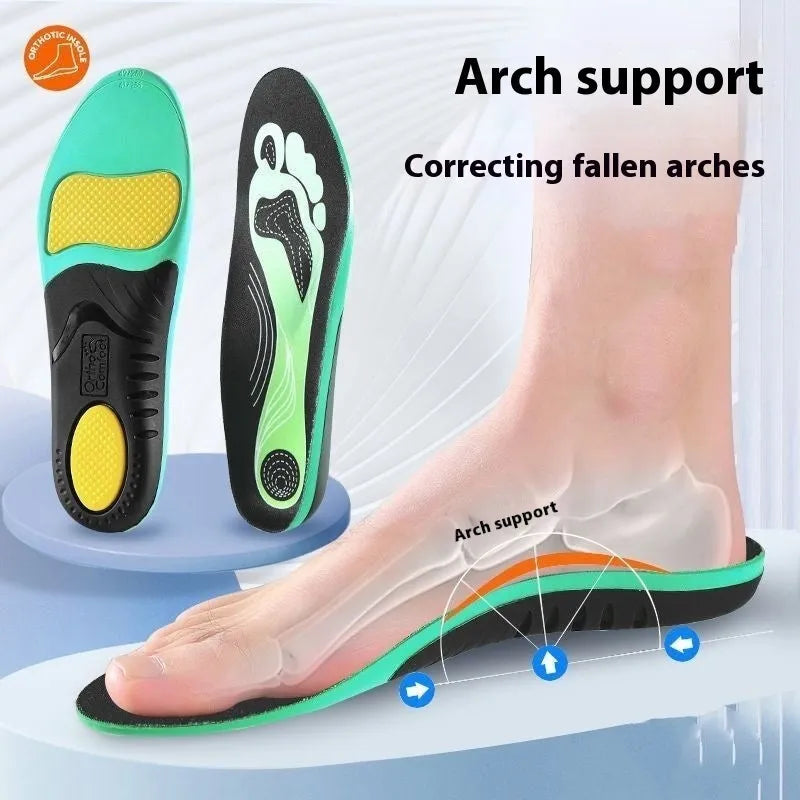 Blue and green PU flat foot correction insoles showing arch support design for universal shoe sizes.