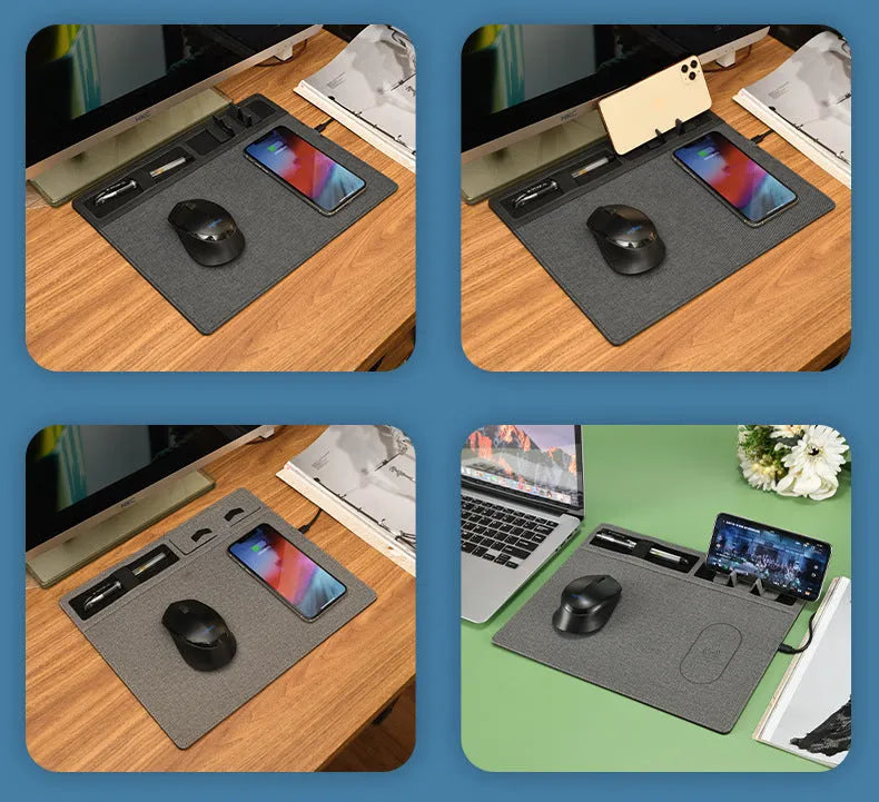 Multifunctional wireless charging mouse pad with phone holder on desk, showing 320x260mm PU surface in black colour