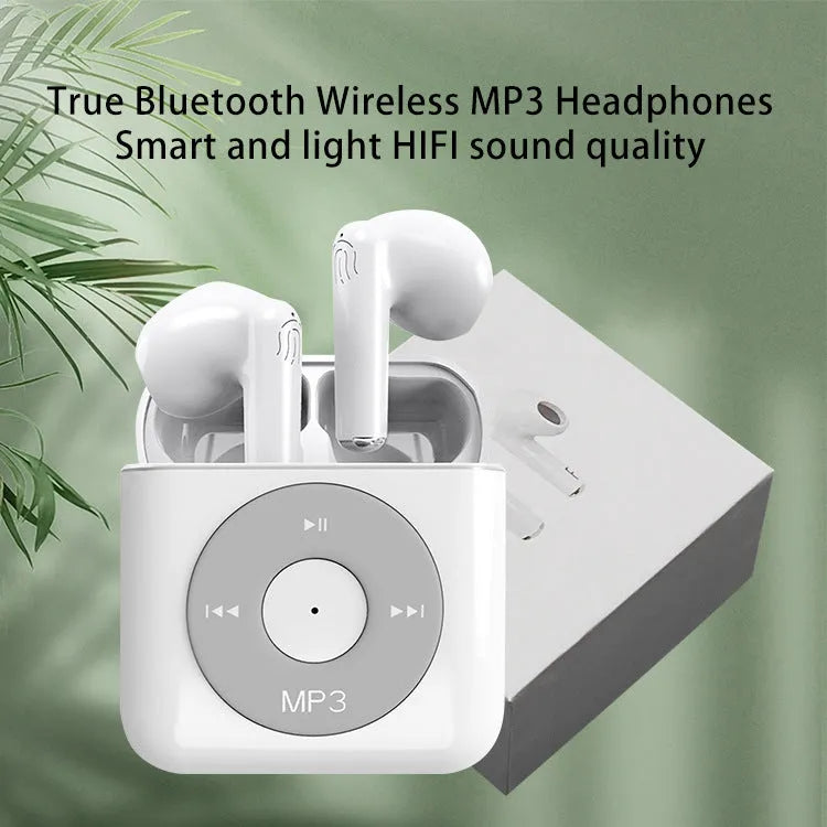 White wireless Bluetooth earphones with charging case showing semi in-ear design and compact size