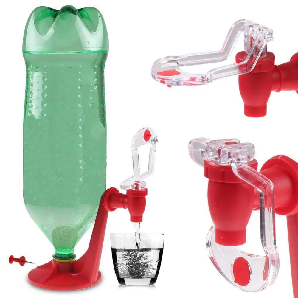 Red plastic Magic Tap soda dispenser for 2-litre bottles with push-in serving mechanism