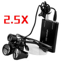 Black head-mounted dental magnifying glass with LED light, showing adjustable arms and large 420mm diameter lens