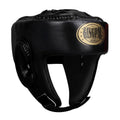 Red fully enclosed boxing helmet with jaw protection showing vertical ventilation design