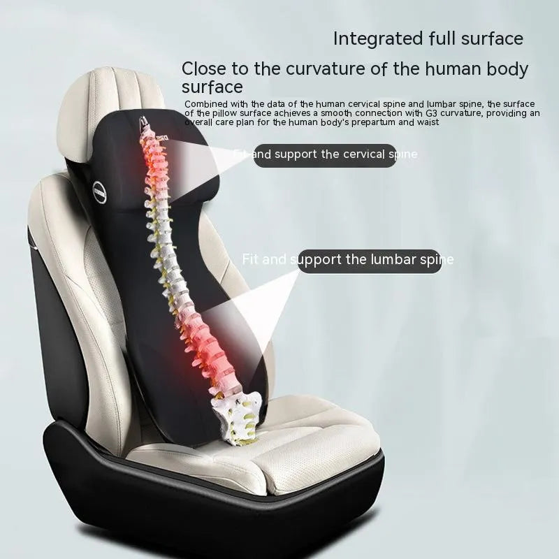 Black automotive memory foam cushion mat with integrated headrest and lumbar support pillow on a car seat.