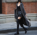 Long grey knitted cardigan with hooded trench coat design showing 80cm length and wool blend fabric texture
