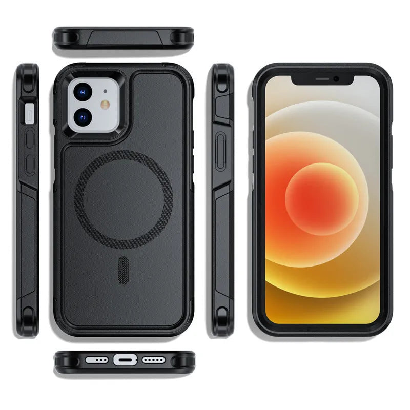 Black magnetic shatterproof back cover case for iPhone 12 and iPhone 13 series phones.