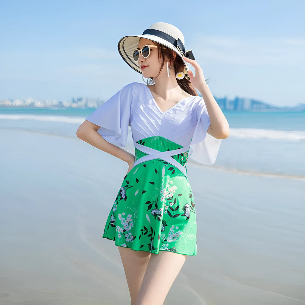 Women's green printed one-piece swimsuit made from chemical fibre blend fabric