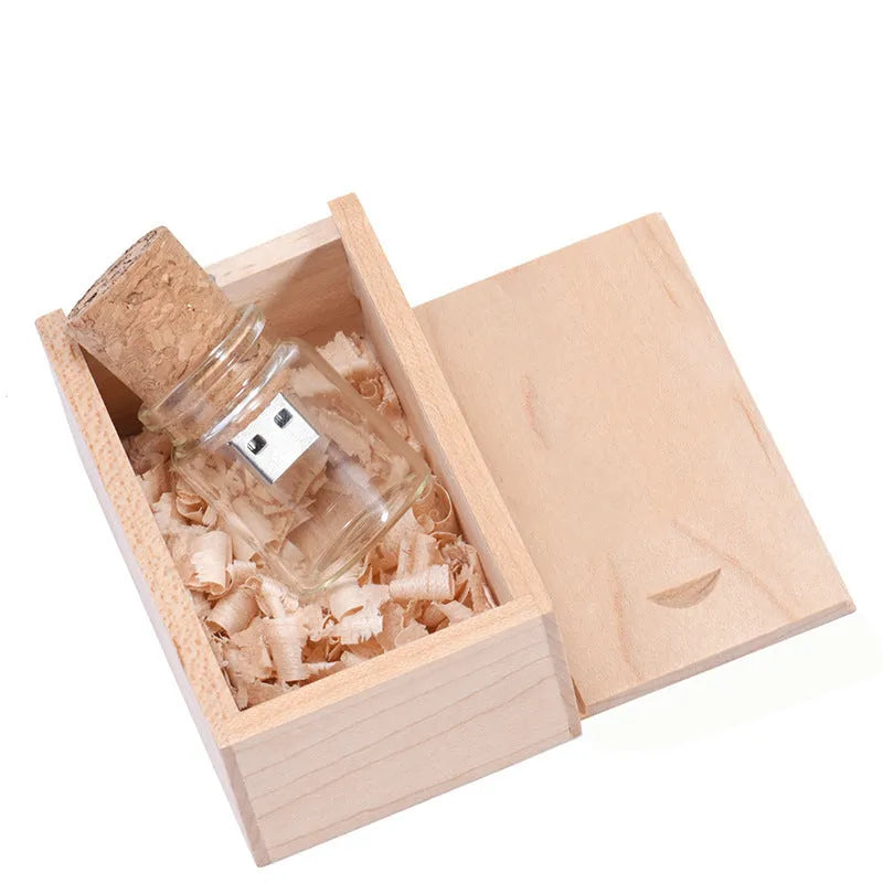 Chocolate brown wooden USB storage disk with personalised lettering, measuring 8.5cm by 5.6cm by 4.4cm