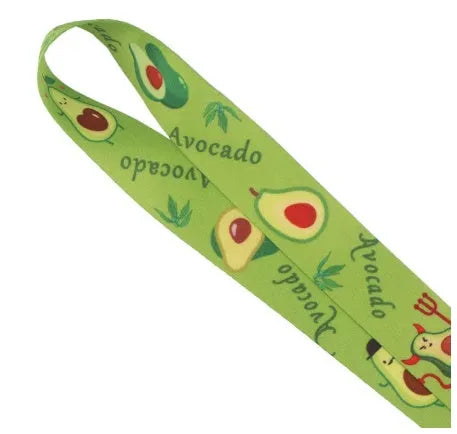 Fruit avocado cartoon print on a double-sided blue polyester lanyard with a silver metal buckle.
