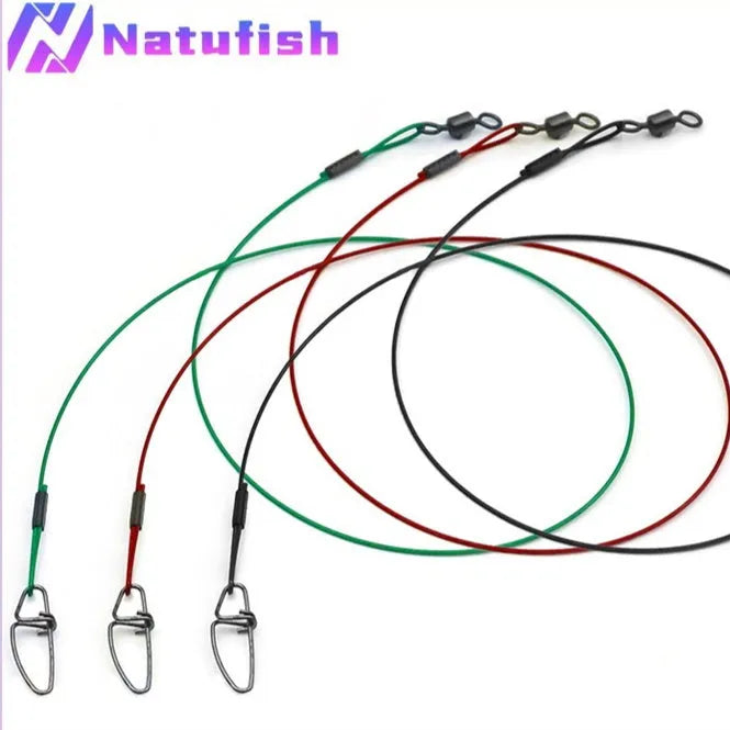 Green, black, and red 54cm steel wire fishing accessories with double buckle pins on fishing tackle