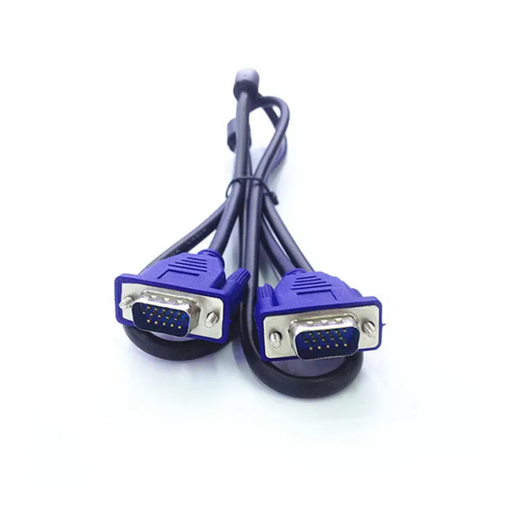 Black VGA video cable with blue moulded connectors and nickel-plated pins, length 1.5 metres.