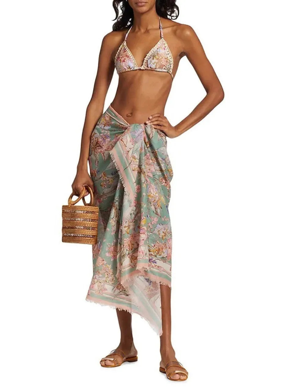 Women's floral bikini suit with skirt in creamy-white nylon for beach swimming
