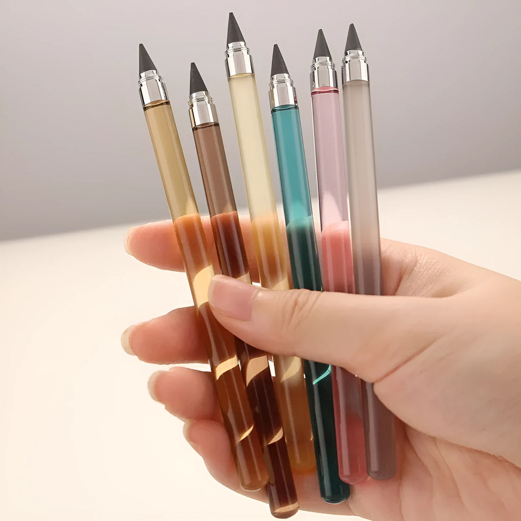 Acrylic transparent mechanical pencil with plastic shell and alloy tip, shown in multiple colour options.
